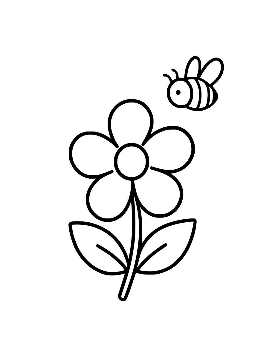 A simple coloring page showing a single flower with a small, friendly bee hovering above it.
