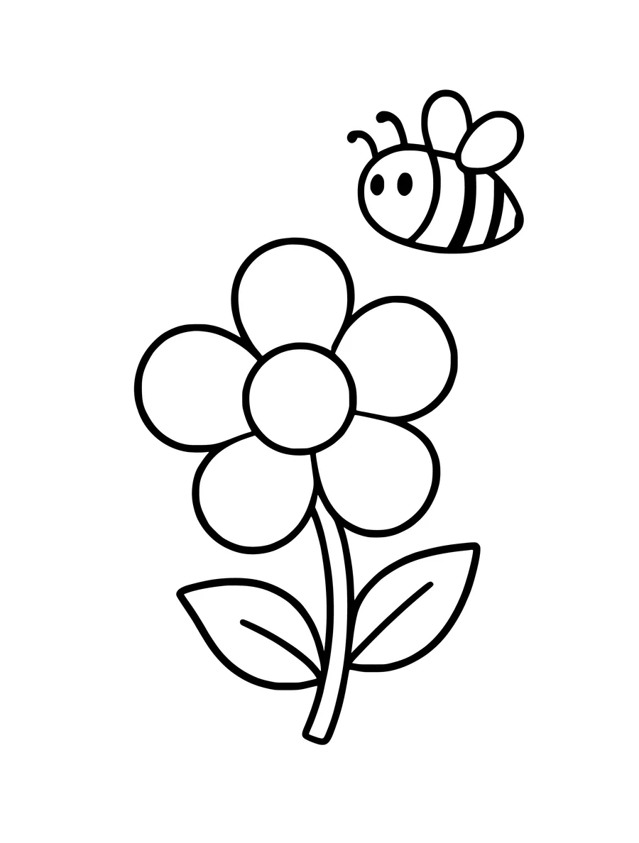 Black and white line art colouring page of simple flower with a bee hovering nearby, simple detail