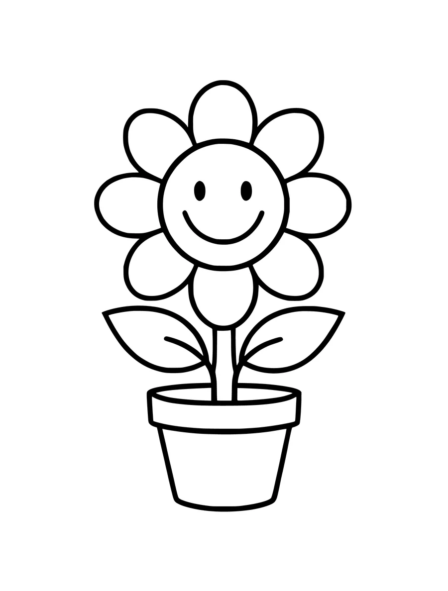 A simple colouring page of a happy, smiling sunflower planted in a small flowerpot.