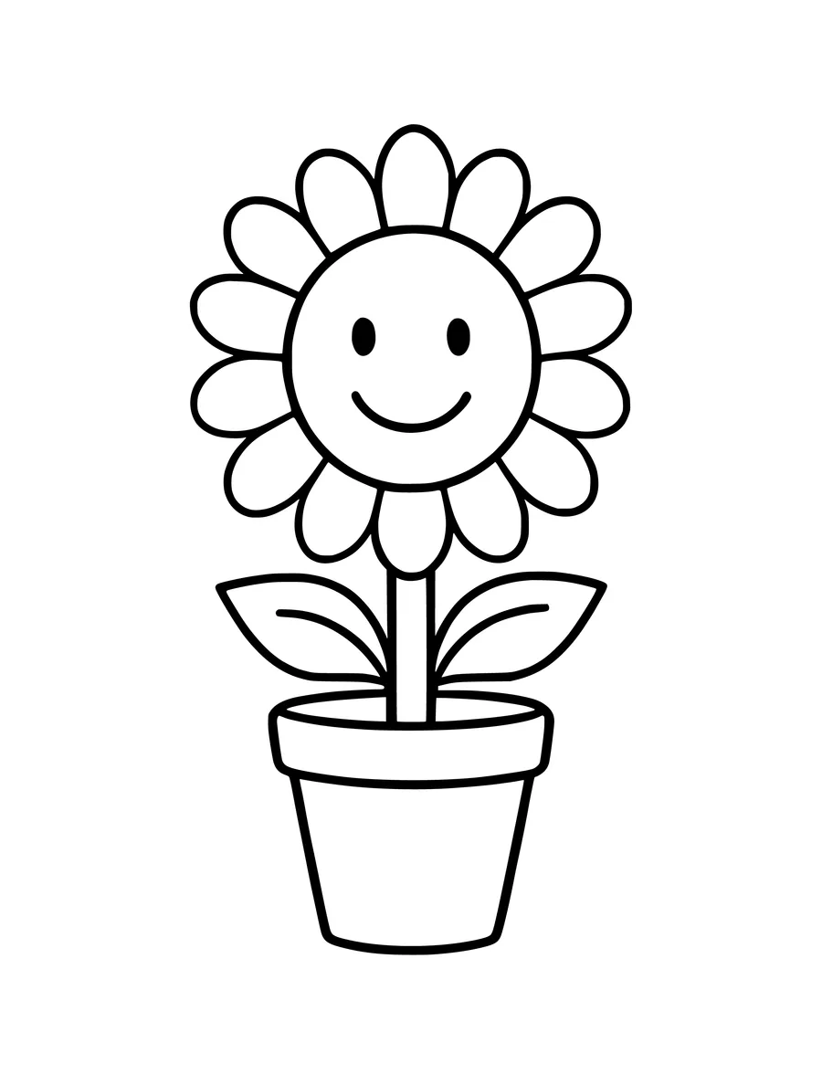 Black and white line art coloring page of smiling sunflower in a small pot, simple detail