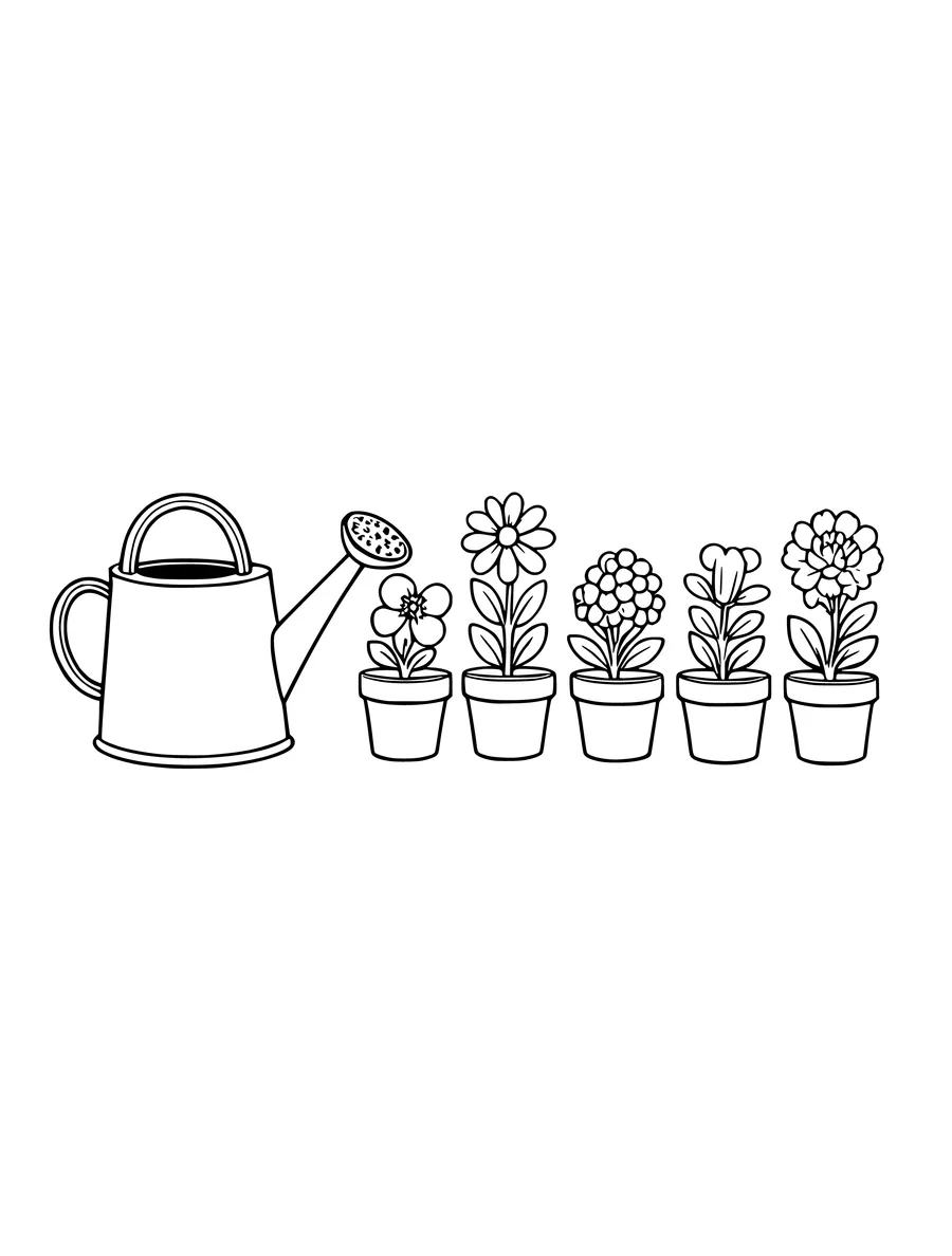 A colouring page depicts a row of five potted flowers next to a classic watering can.