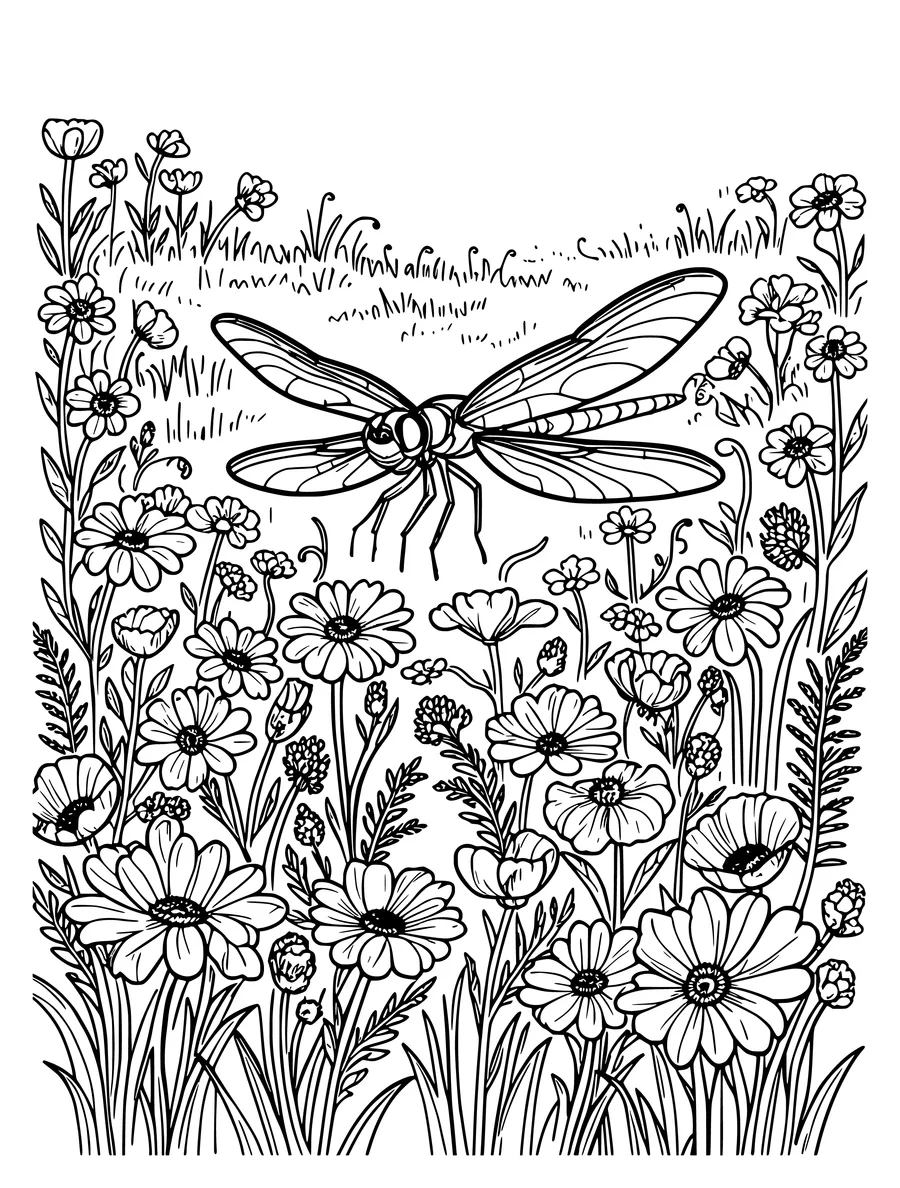 Black and white line art coloring page of wildflower meadow with grasses and a dragonfly, detailed detail