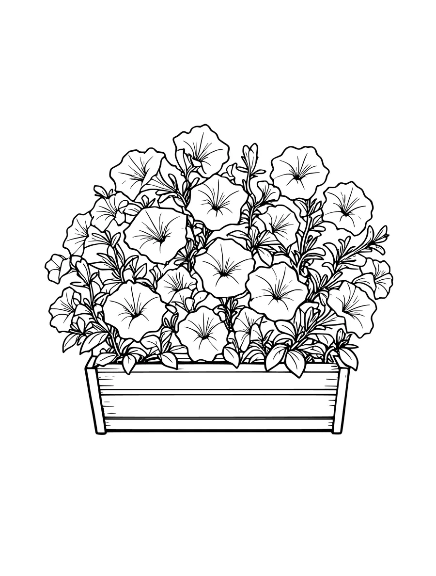 A coloring page illustrates a wooden window box overflowing with blooming petunias.