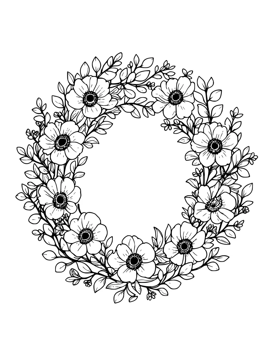 A circular floral wreath of eucalyptus, anemones, and small buds drawn as a coloring page.
