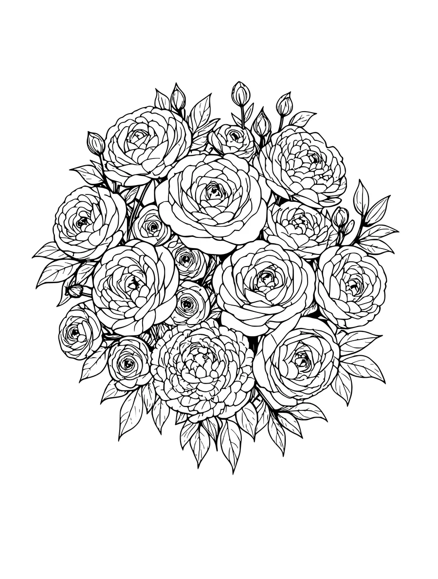 A lush bouquet of roses, peonies, and ranunculus with fine petal detail in this colouring page.