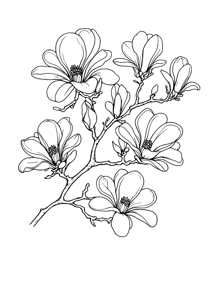 A branch featuring several large, open magnolia blossoms and smaller unopened buds.