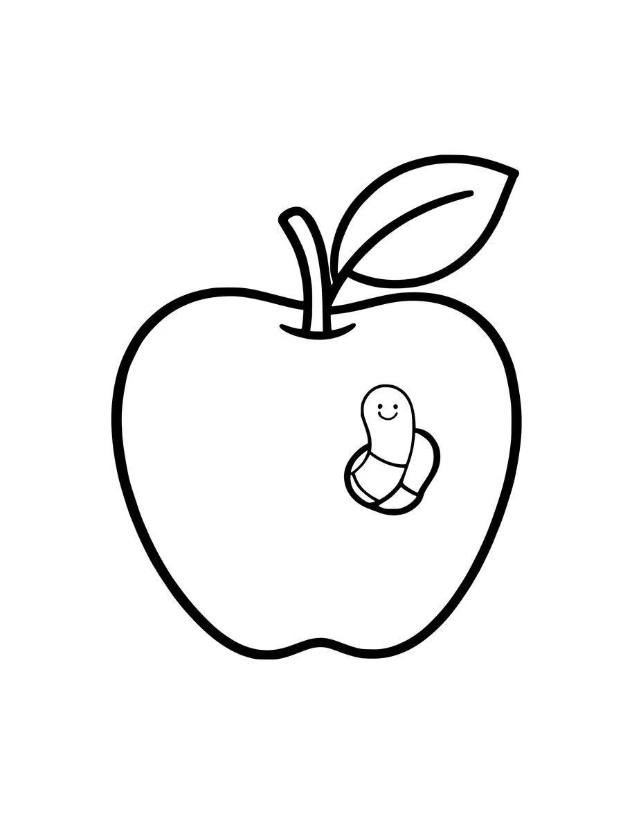 A coloring page featuring a round apple with a stem, a leaf, and a small worm peeking out from a hole.
