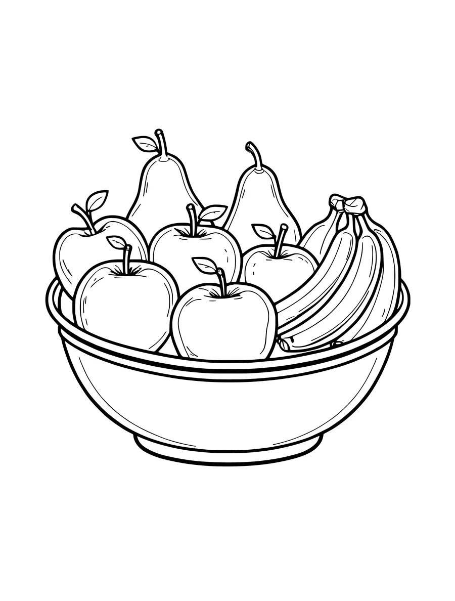 A bowl filled with a variety of apples, pears, and bananas in this detailed line art coloring page.