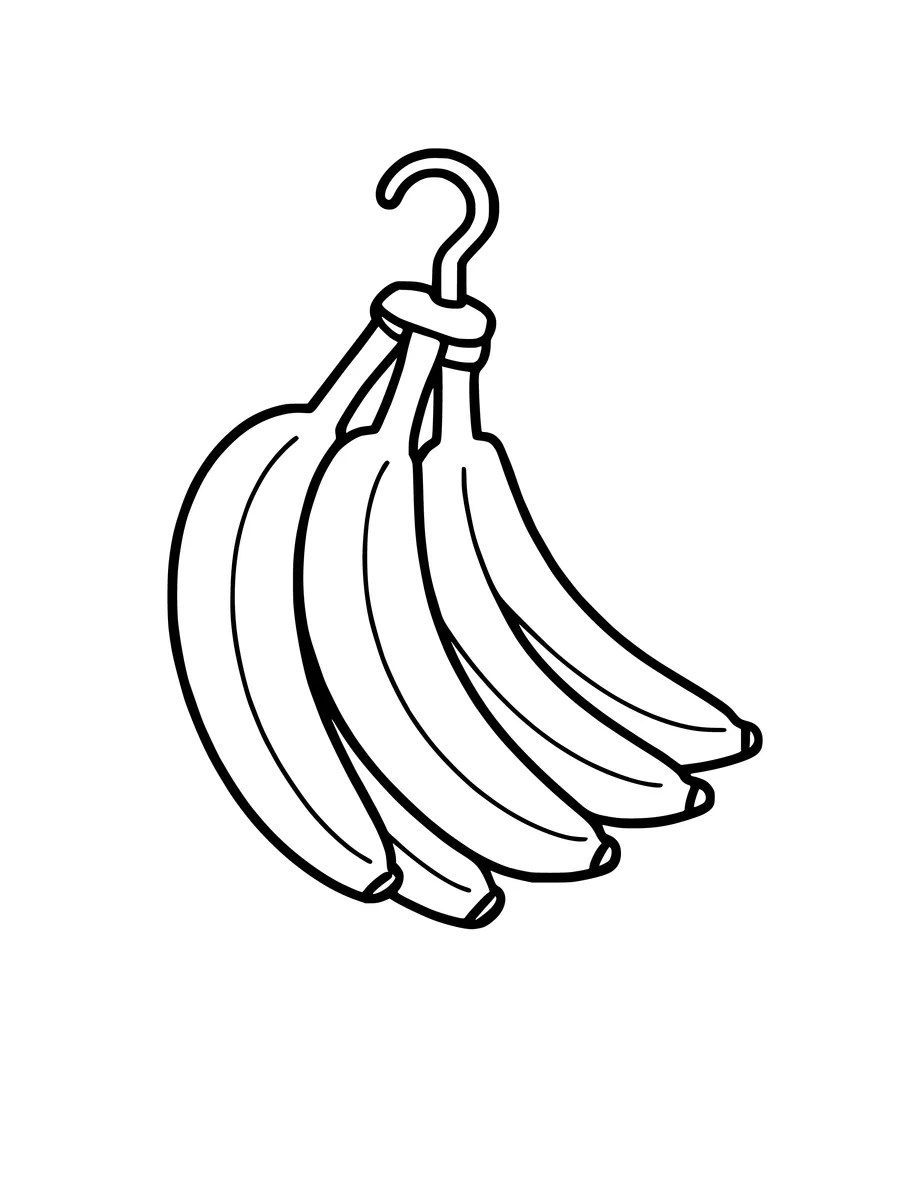 A simple colouring page of a bunch of bananas hanging from a hook with thick, bold outlines.