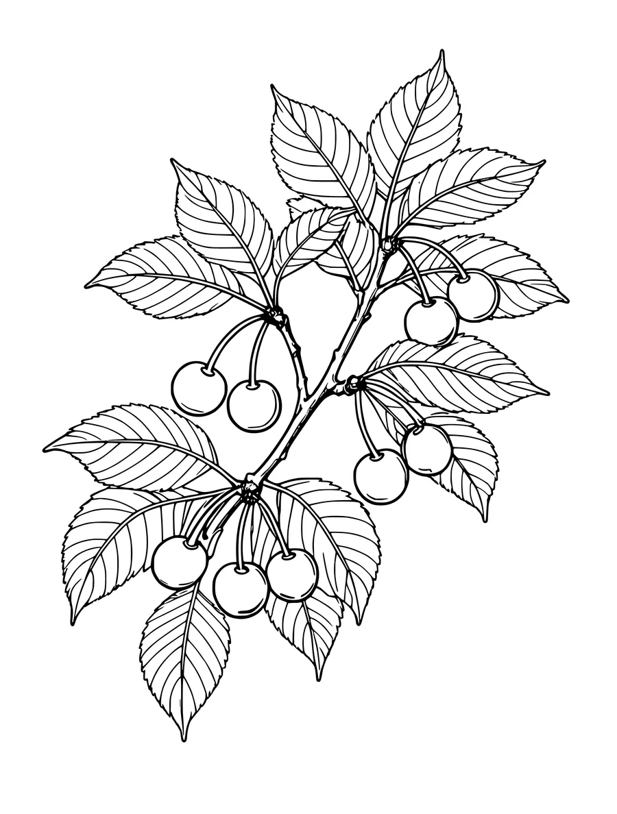 A detailed colouring page featuring a cherry branch laden with ripe cherries and many veined leaves.
