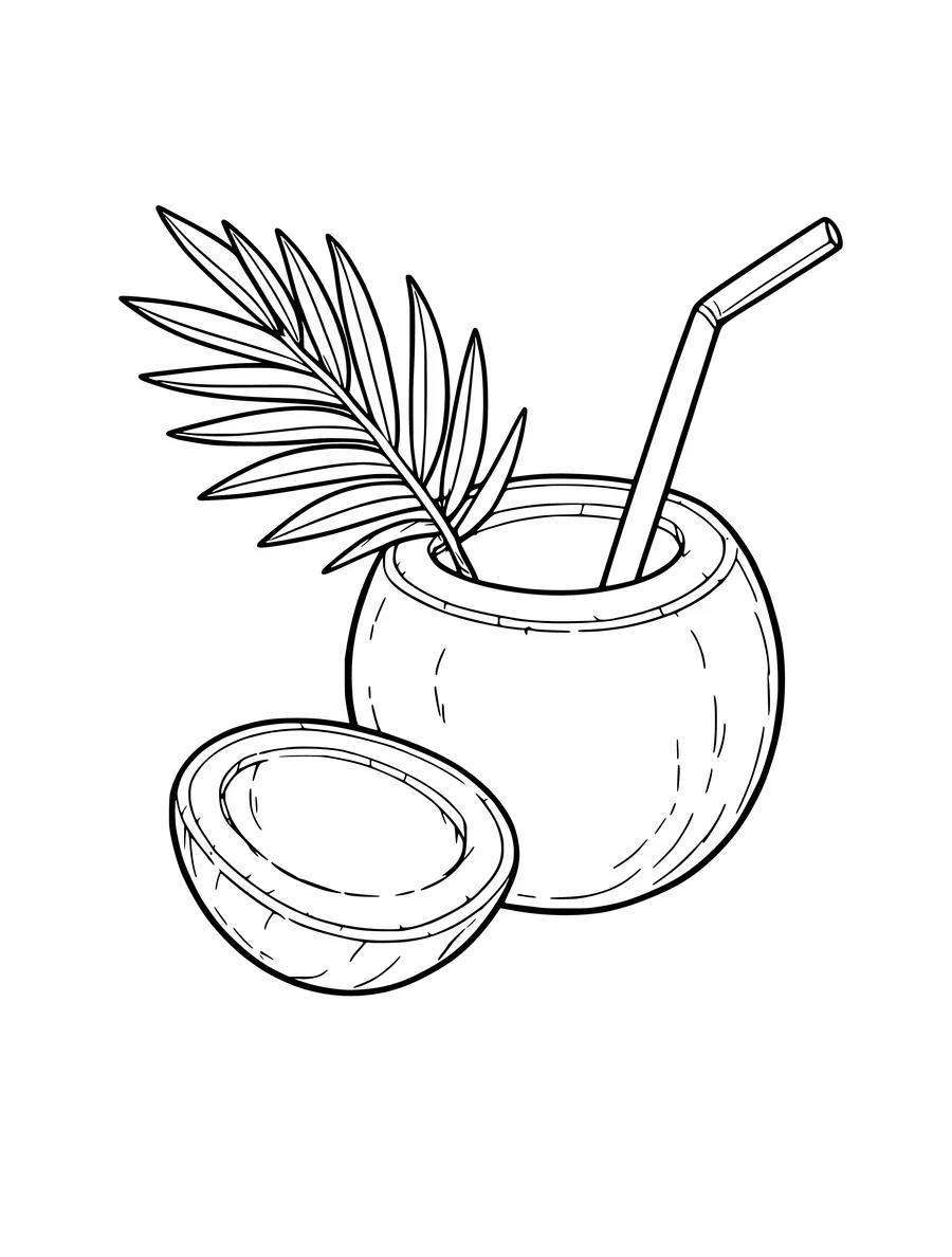 A coconut cut in half with a straw inside, accompanied by a single palm leaf in this line art, colouring page