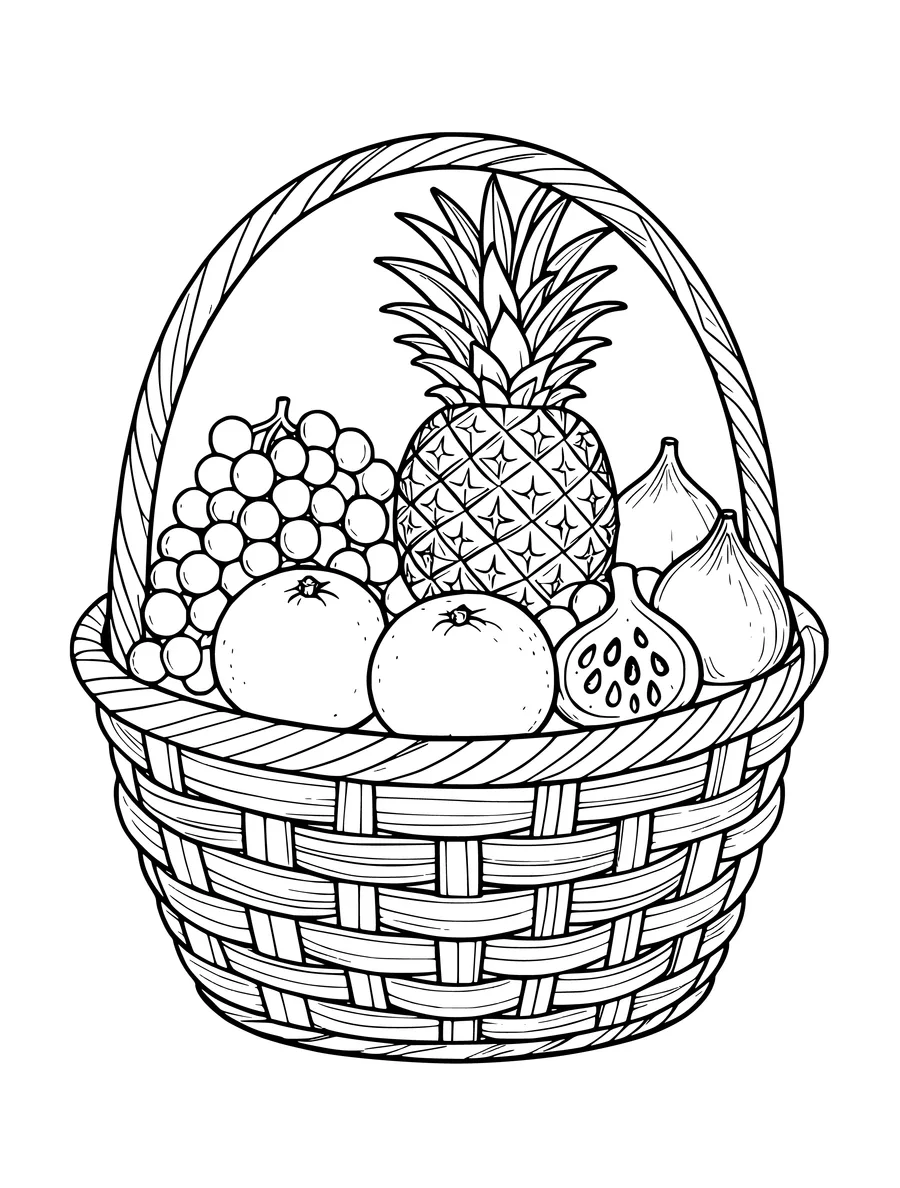 A fruit basket containing a pineapple, grapes, oranges, and figs in a detailed black and white illustration, colouring page