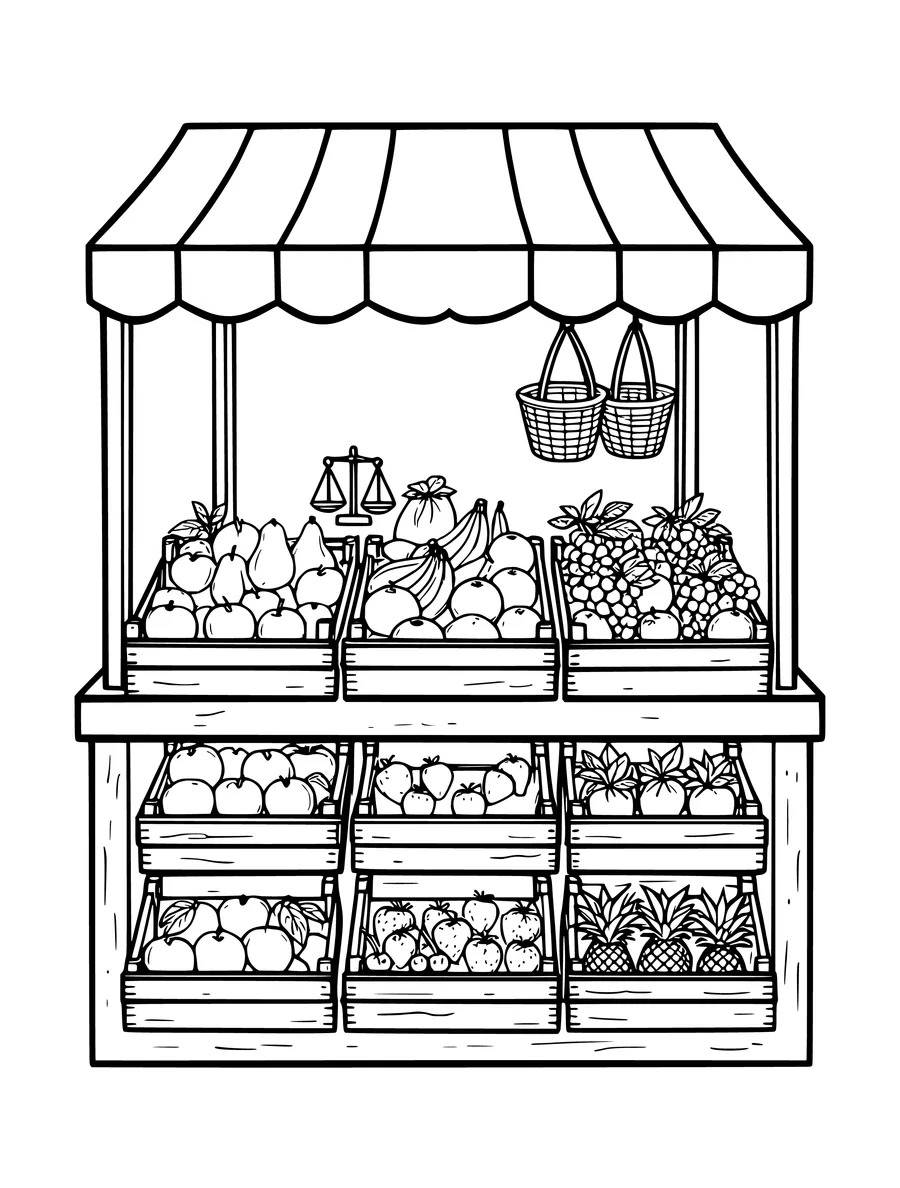 A detailed coloring page showing a market stall with two tiers of crates filled with various fruits.