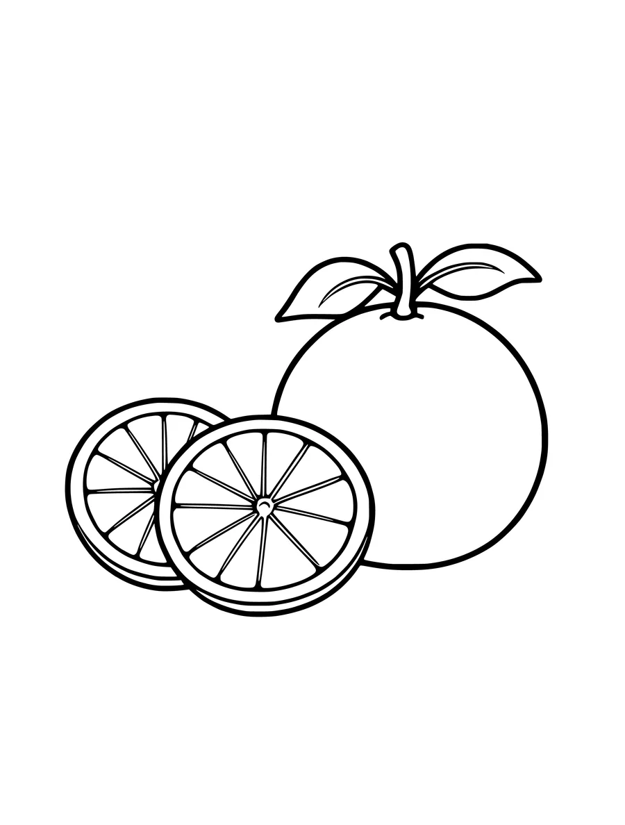 An easy colouring page showing a whole orange with leaves beside a slice cut in half.