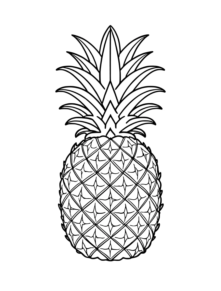 Line art of a pineapple with a spiky leafy crown and a textured, diamond-patterned exterior, coloring page
