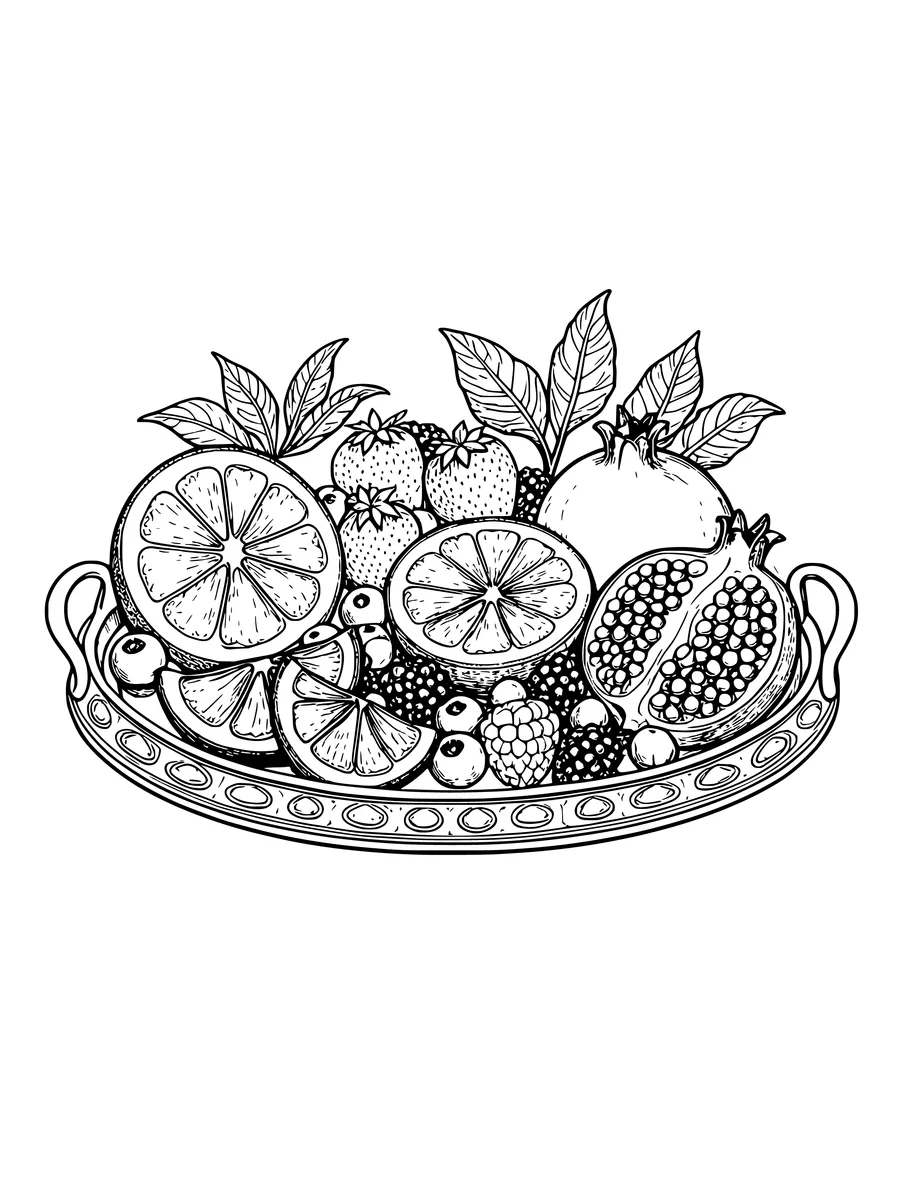 An intricate coloring page showing a decorative tray filled with halved citrus, berries, and pomegranates.