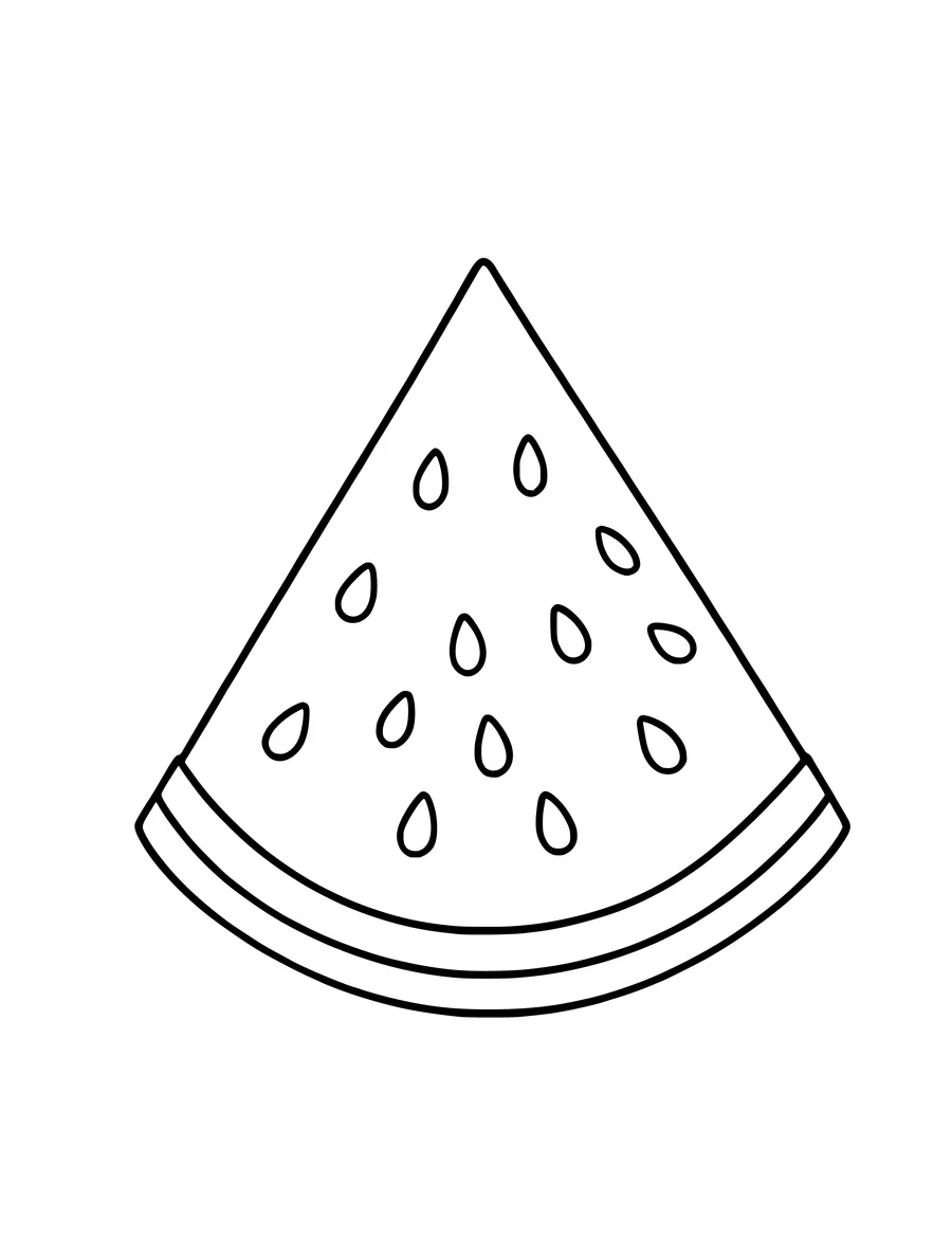 A simple coloring page of a triangular watermelon slice featuring several small seeds on its surface.
