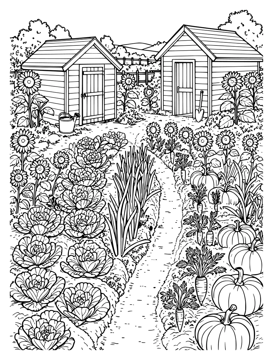 Black and white line art coloring page of allotment with rows of vegetables, sheds and sunflowers, intricate detail