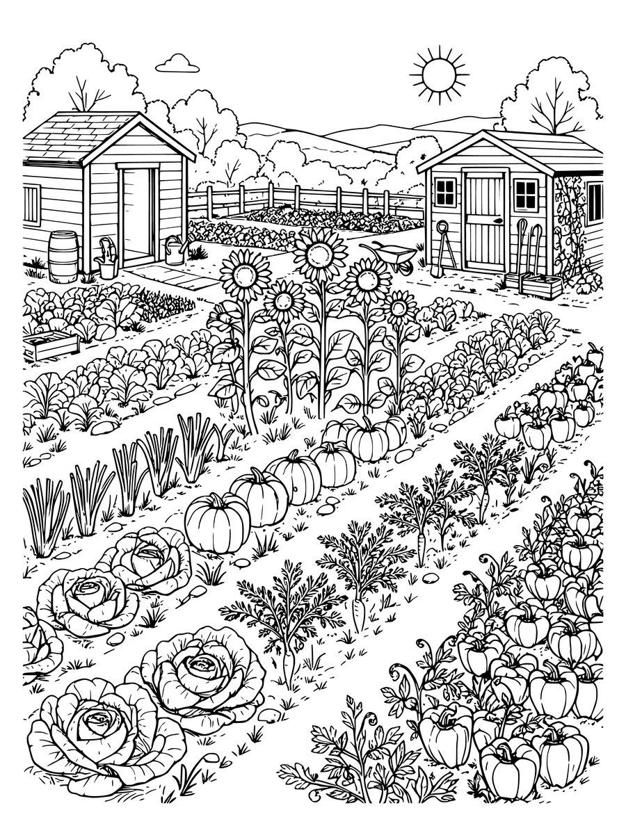 Black and white line art coloring page of allotment with rows of vegetables, sheds and sunflowers, intricate detail