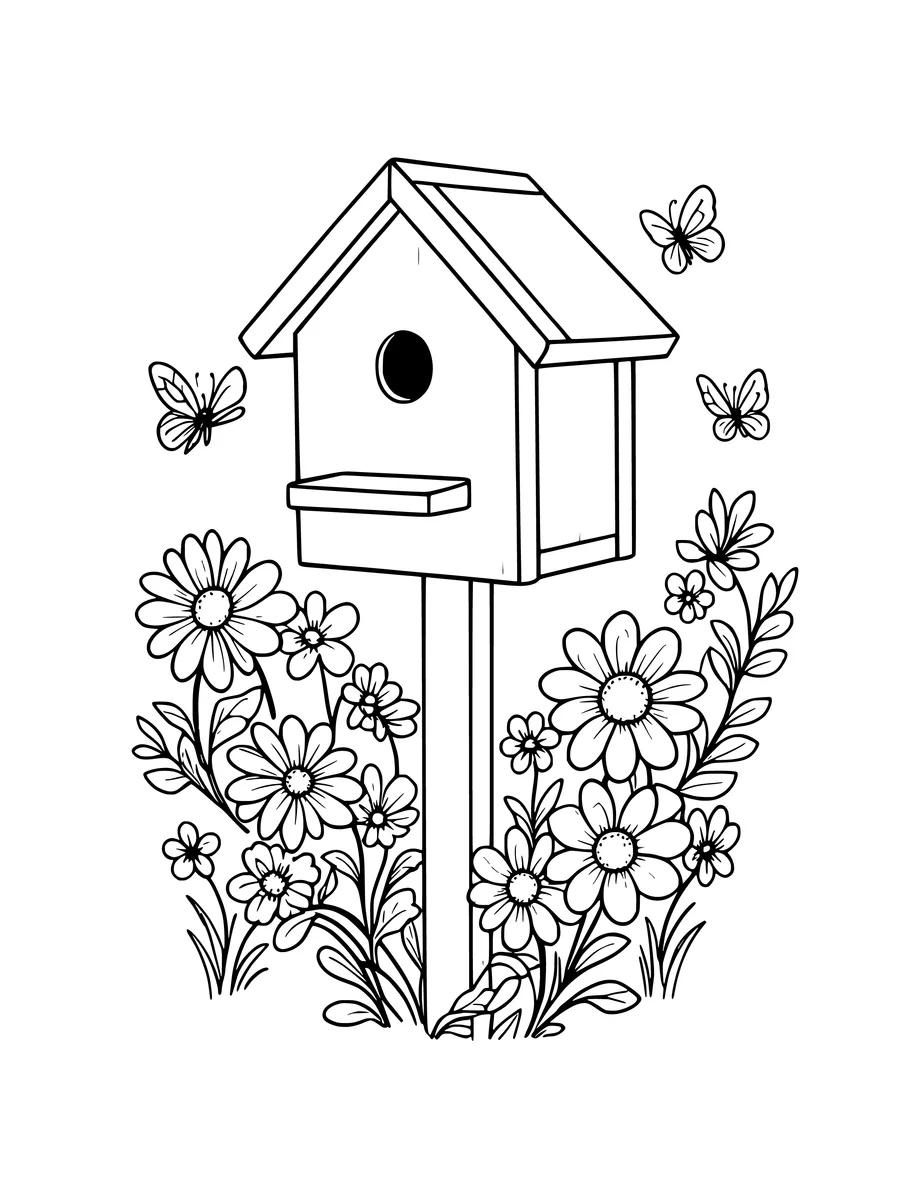 Black and white line art coloring page of birdhouse on a post surrounded by flowers, medium detail