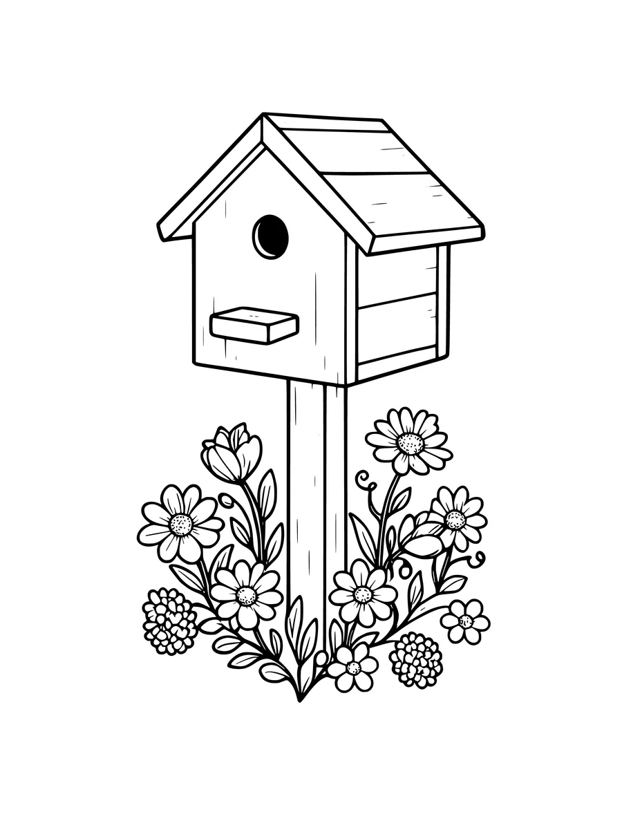 A simple wooden birdhouse mounted on a post and surrounded by a cluster of various blooming garden flowers, colouring page