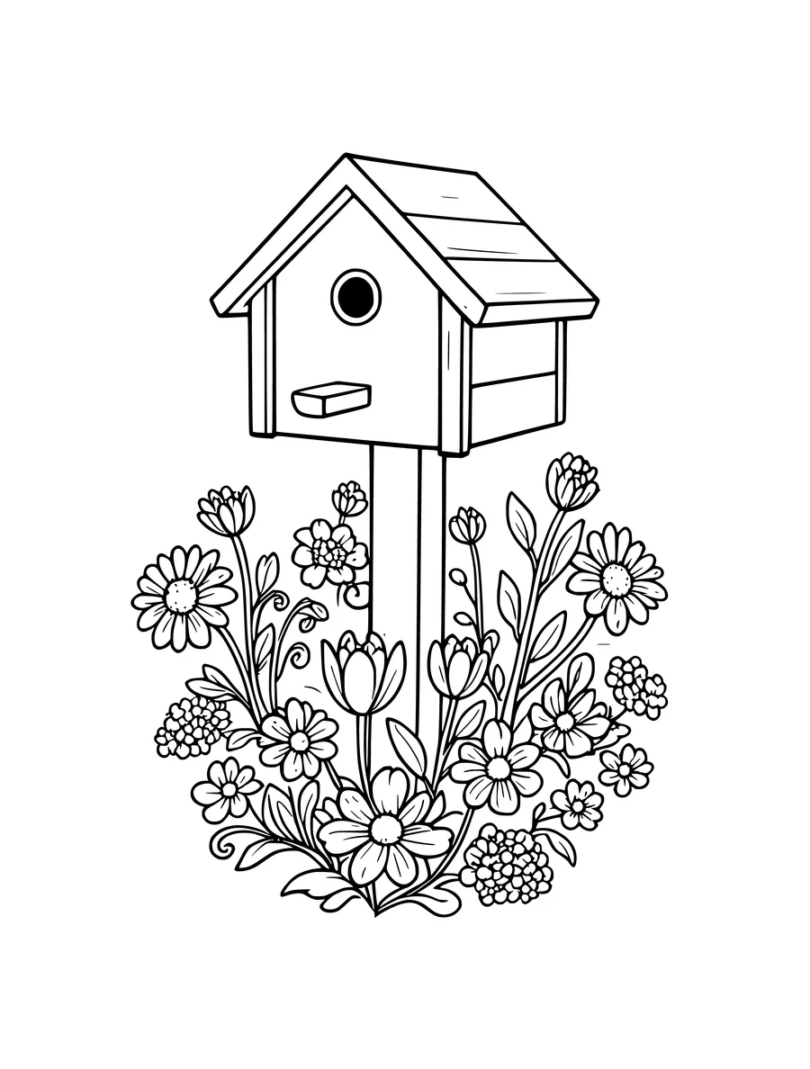Black and white line art coloring page of birdhouse on a post surrounded by flowers, medium detail