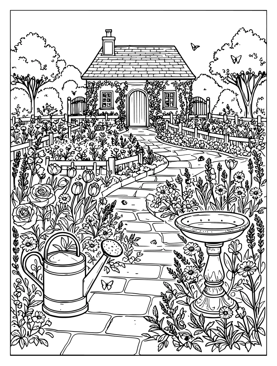 A cottage garden with a stone path, a bird bath, a watering can, and flower beds leading to a small house, colouring page