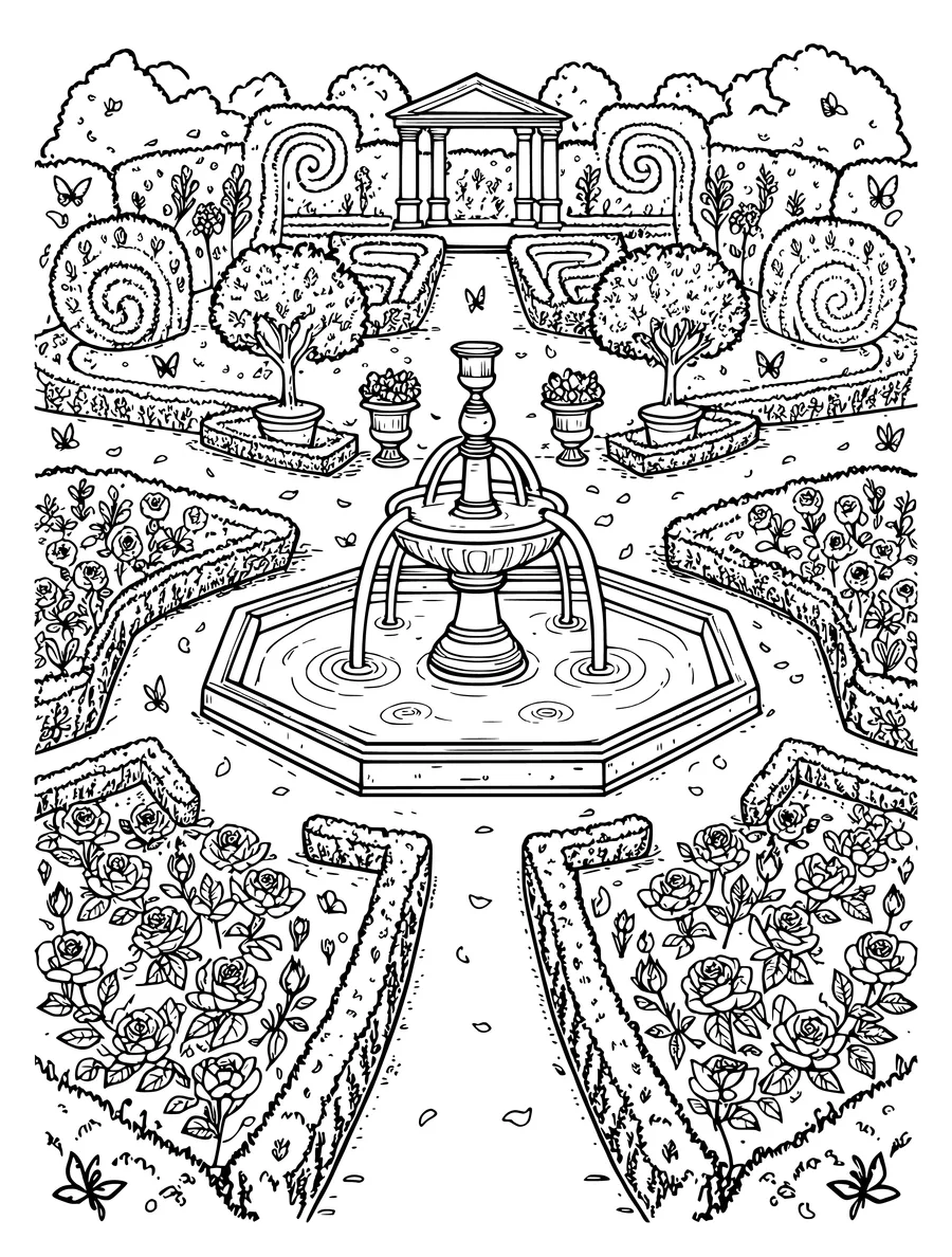 Black and white line art colouring page of formal garden with a fountain, hedges and rose beds, intricate detail