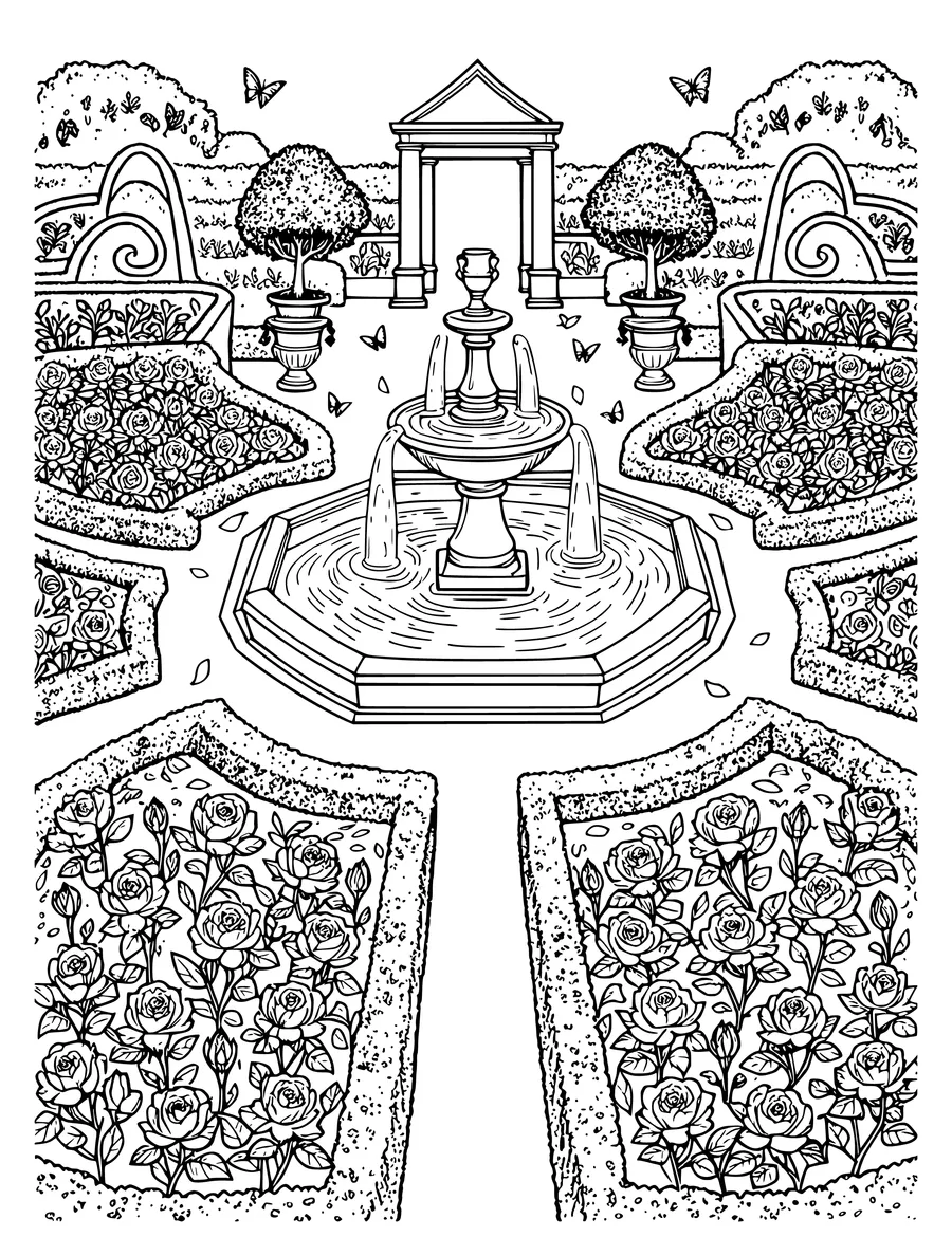 Black and white line art coloring page of formal garden with a fountain, hedges and rose beds, intricate detail