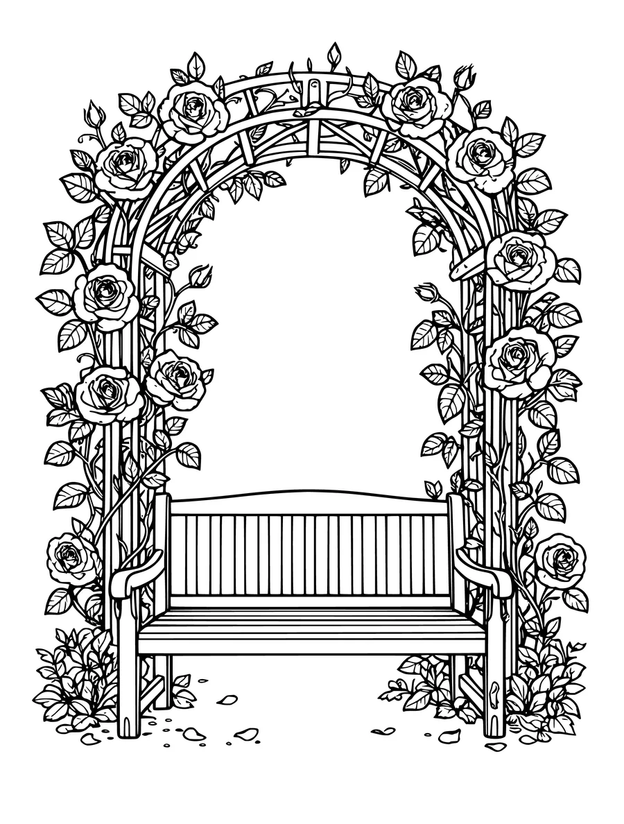 A wooden garden bench sits beneath a decorative trellis covered in climbing roses, coloring page