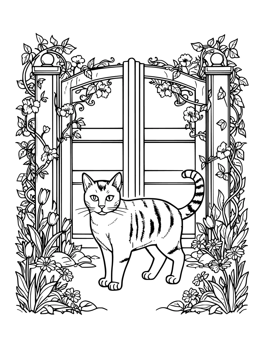 A striped cat stands in front of a garden gate framed by climbing vines and blooming flowers, colouring page
