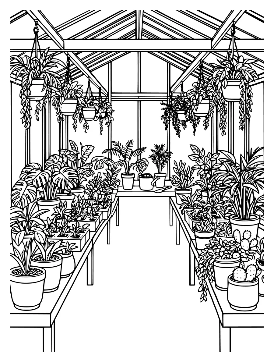 A greenhouse filled with various potted plants, seedlings, and hanging baskets on wooden tables, colouring page