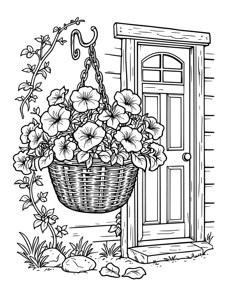 A hanging basket filled with petunias is suspended on a hook beside a wooden cottage door, coloring page