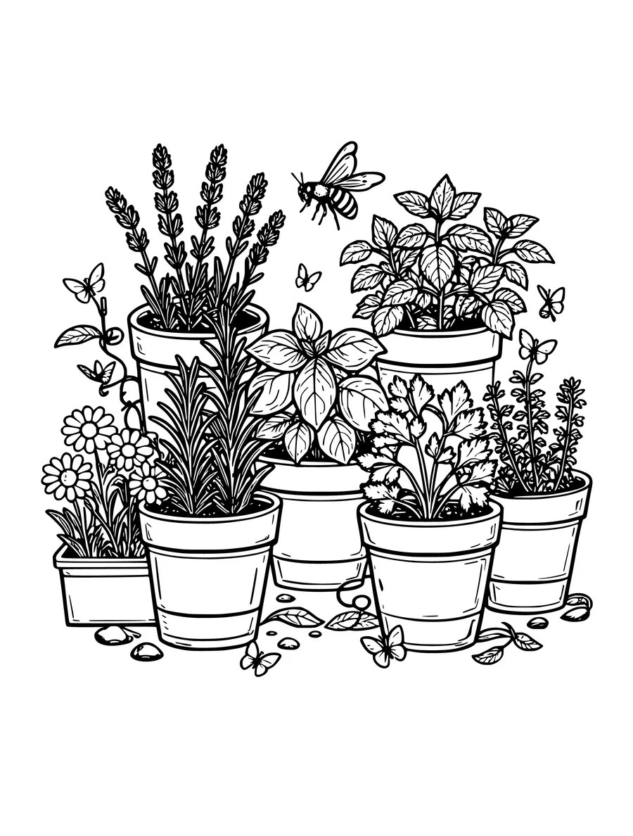 Black and white line art colouring page of herb garden with terracotta pots and a bee, detailed detail