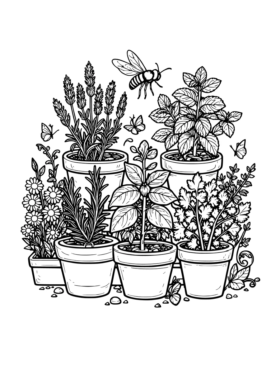 Black and white line art coloring page of herb garden with terracotta pots and a bee, detailed detail