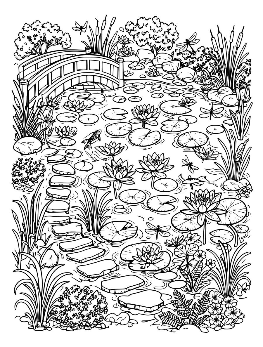 Black and white line art colouring page of pond garden with water lilies, a bridge and stepping stones, intricate detail