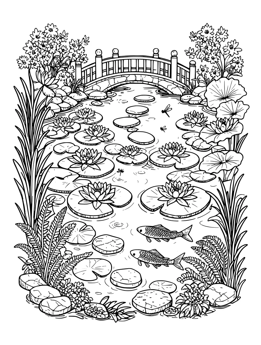 A tranquil pond garden featuring water lilies, a small arched bridge, stepping stones, and two swimming fish, coloring page
