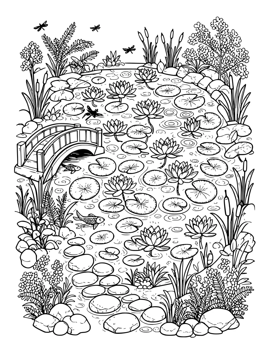 Black and white line art coloring page of pond garden with water lilies, a bridge and stepping stones, intricate detail