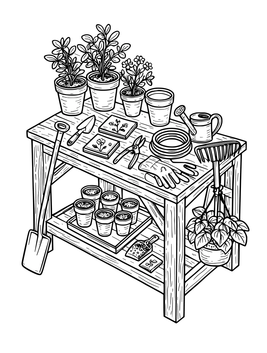 A wooden potting bench is filled with assorted potted plants, hand tools, and seed packets, colouring page