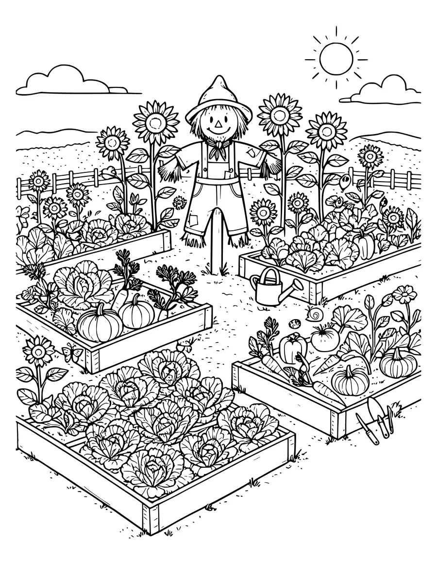 Black and white line art coloring page of vegetable garden with raised beds, a scarecrow and sunflowers, intricate detail