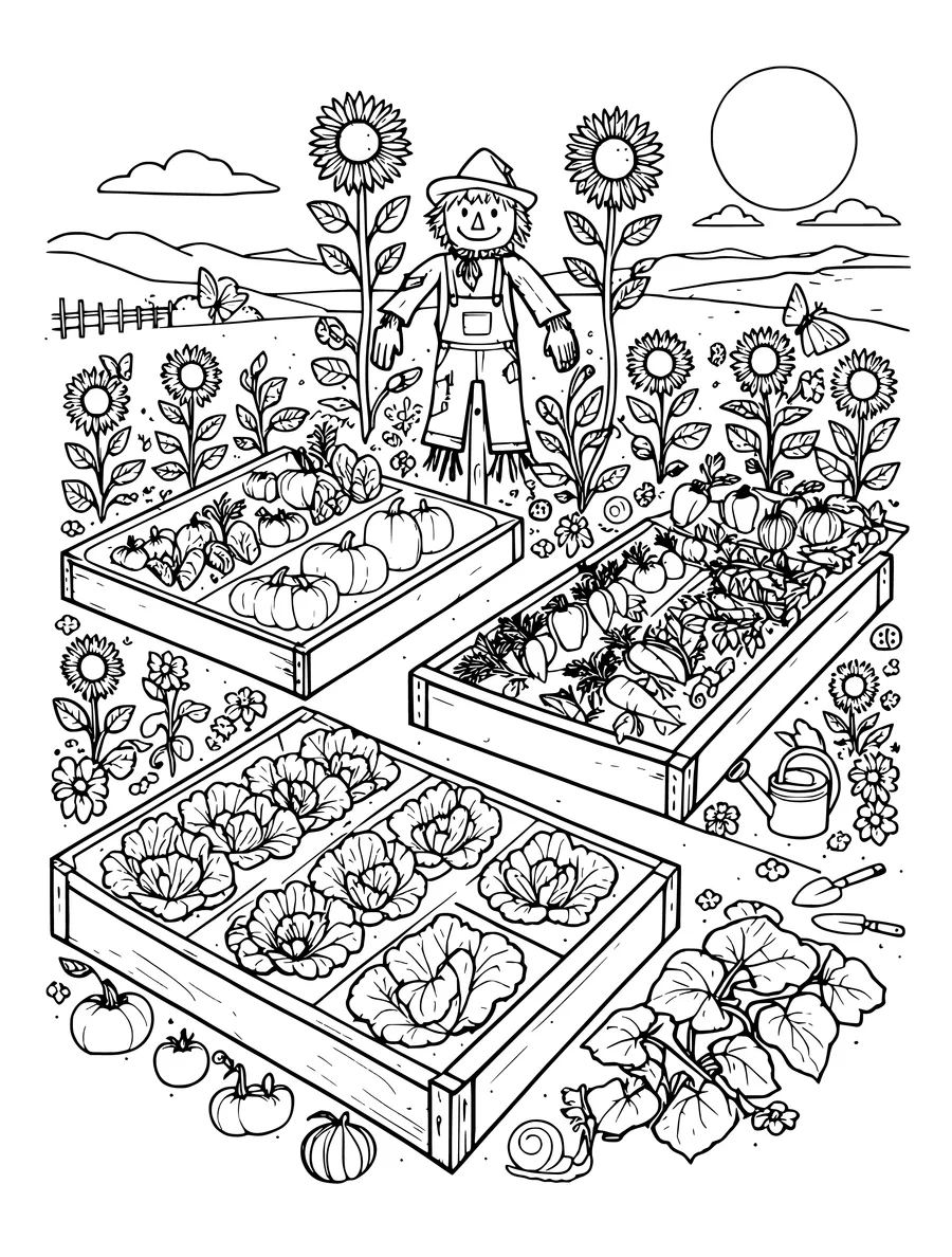 Black and white line art coloring page of vegetable garden with raised beds, a scarecrow and sunflowers, intricate detail