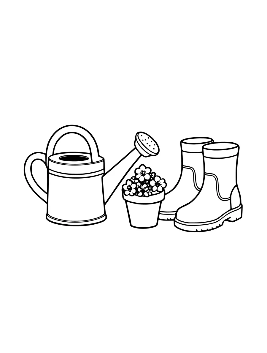 A watering can, a small potted plant, and a pair of tall garden boots sit on a flat surface.