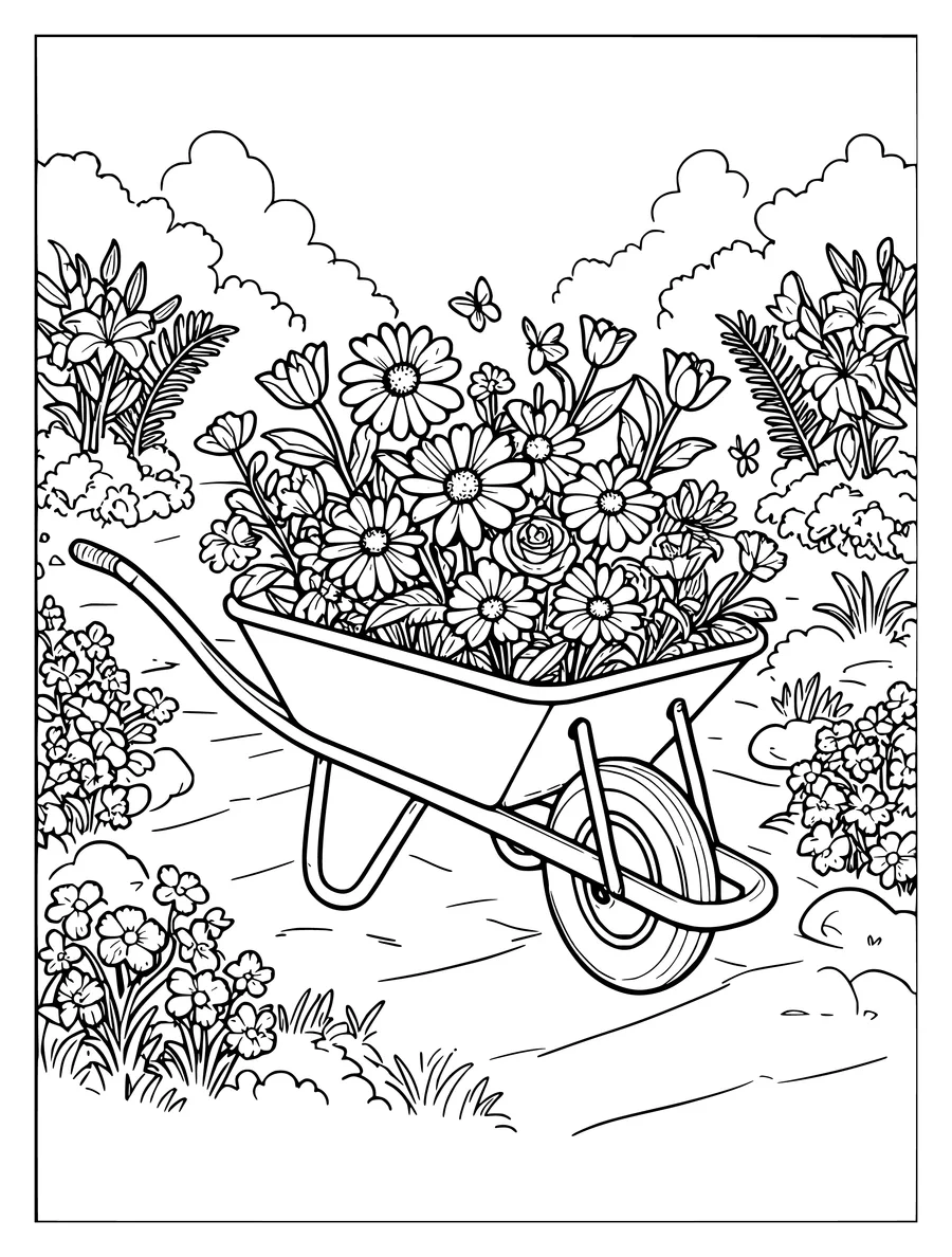 A wheelbarrow overflowing with daisies and other garden flowers on a stone path, with trees in the background, colouring page