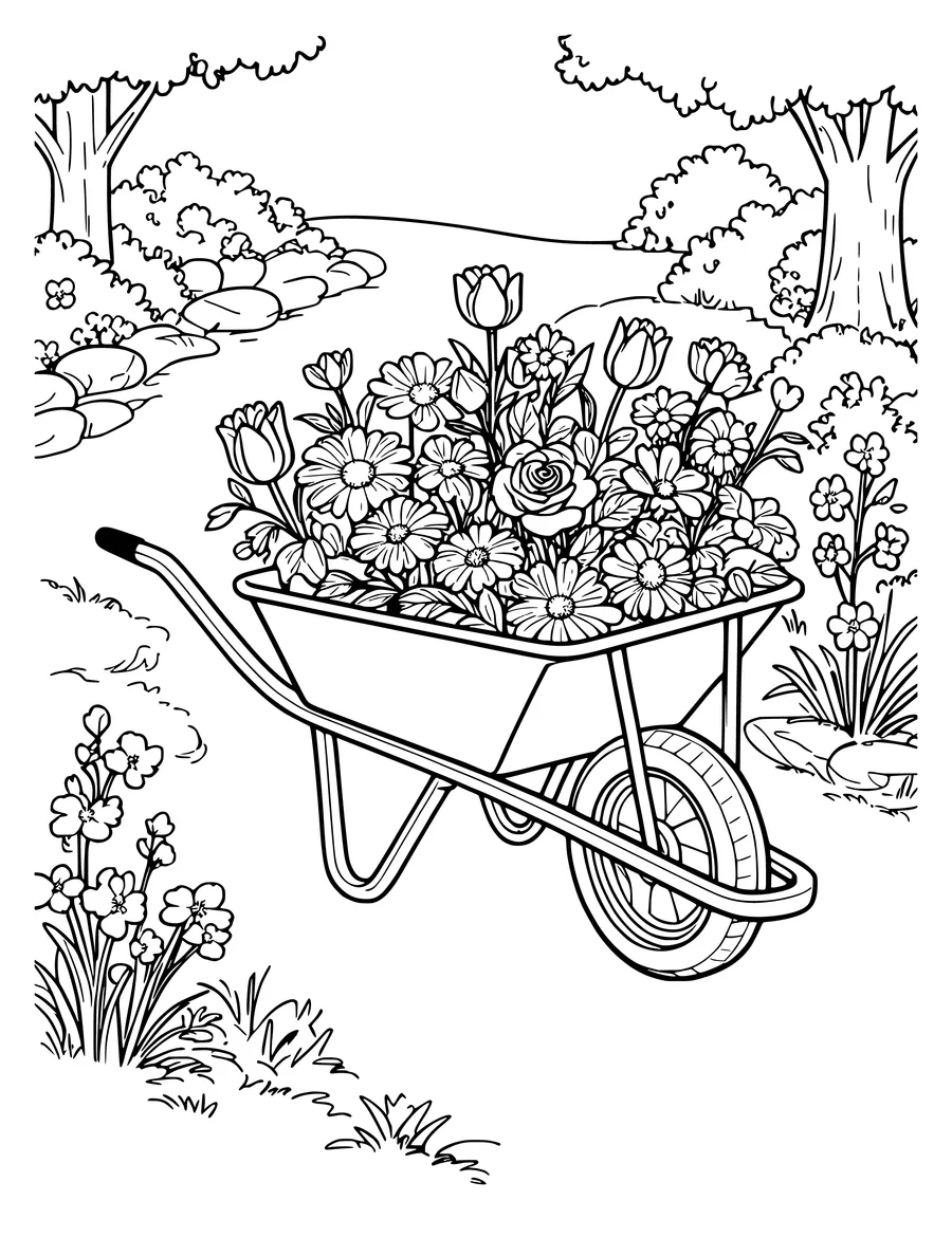 Black and white line art coloring page of wheelbarrow full of flowers on a garden path, detailed detail