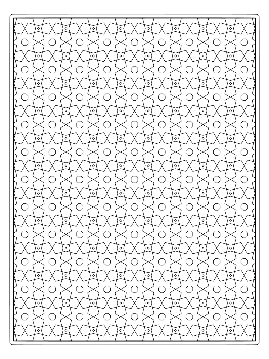 Eight-point star tessellation with nested stars, an intricate fine-line colouring page for adults to print or colour online