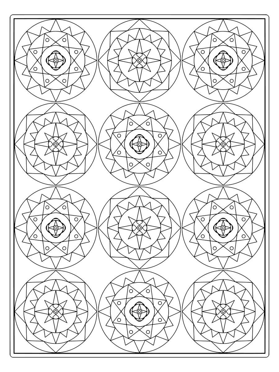 Mandala sampler with a patchwork of tiled circles, a detailed colouring page for adults to print or colour online