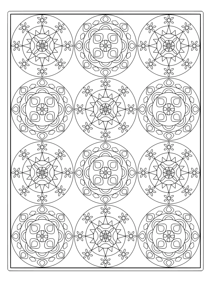 Mandala sampler with a patchwork of tiled circles II, an intricate fine-line colouring page for adults to print or colour online