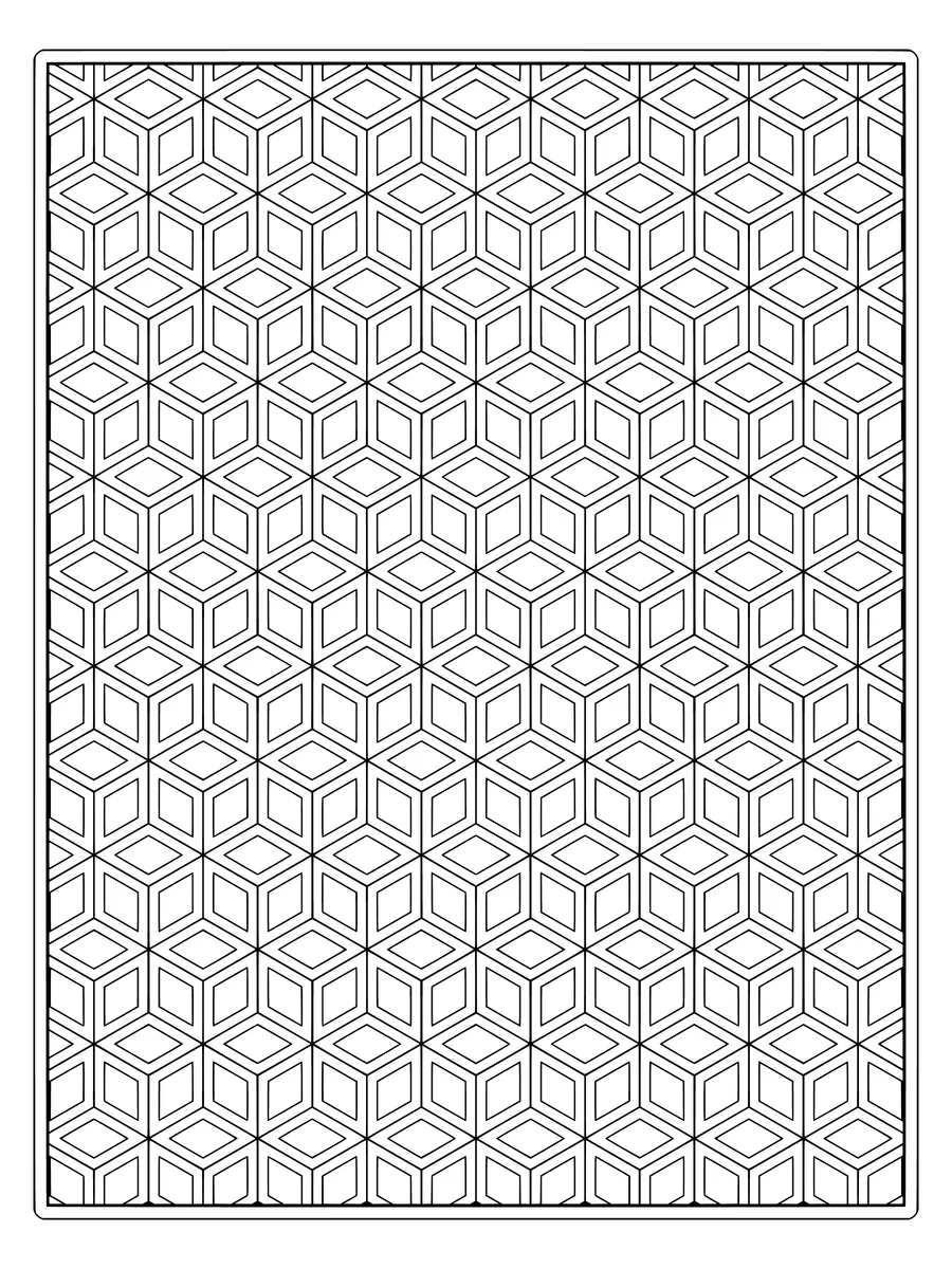 Tumbling block cube pattern with nested diamonds II, a detailed colouring page for adults to print or colour online