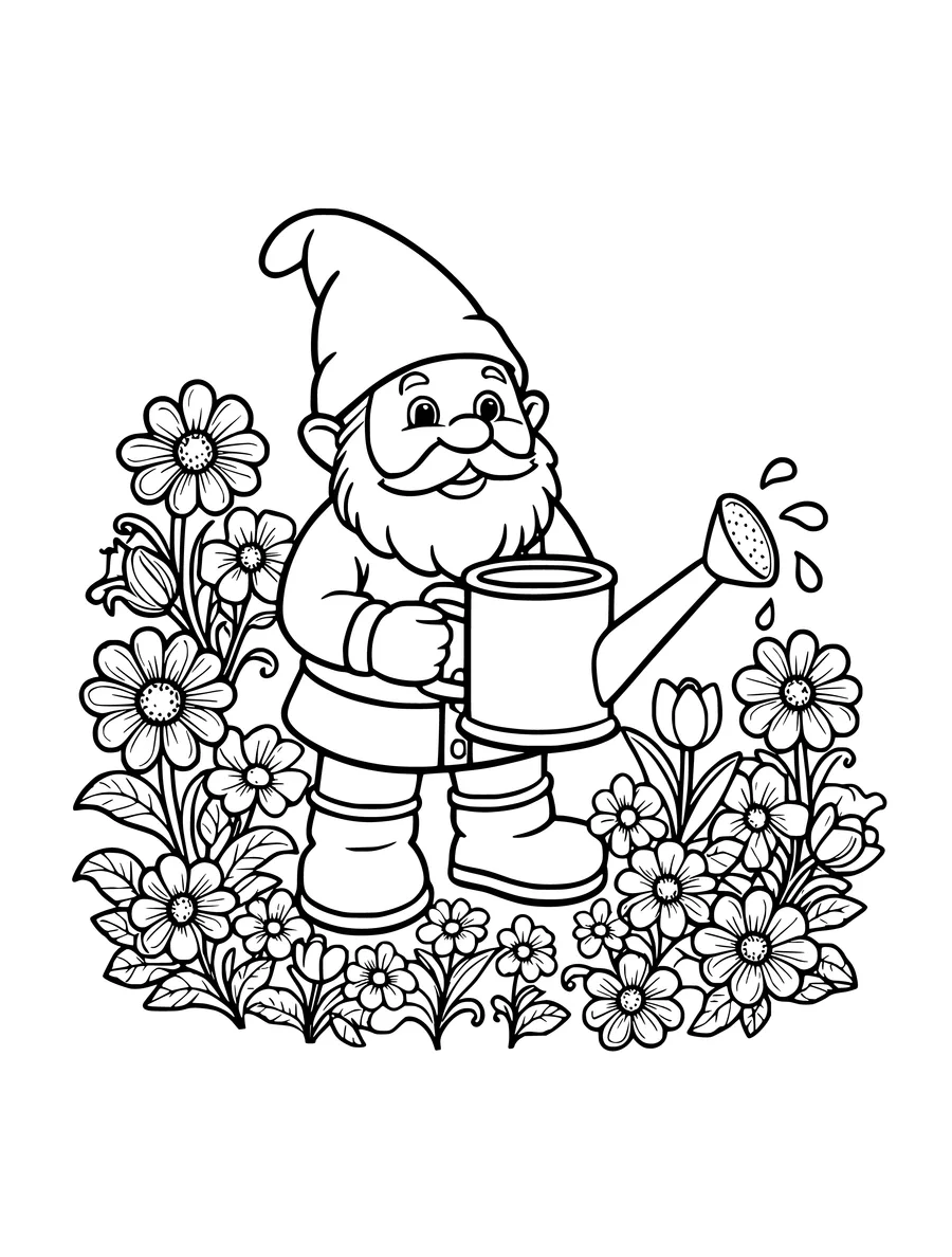 A gnome uses a watering can to care for a beautiful garden full of blooming flowers in this line art, colouring page