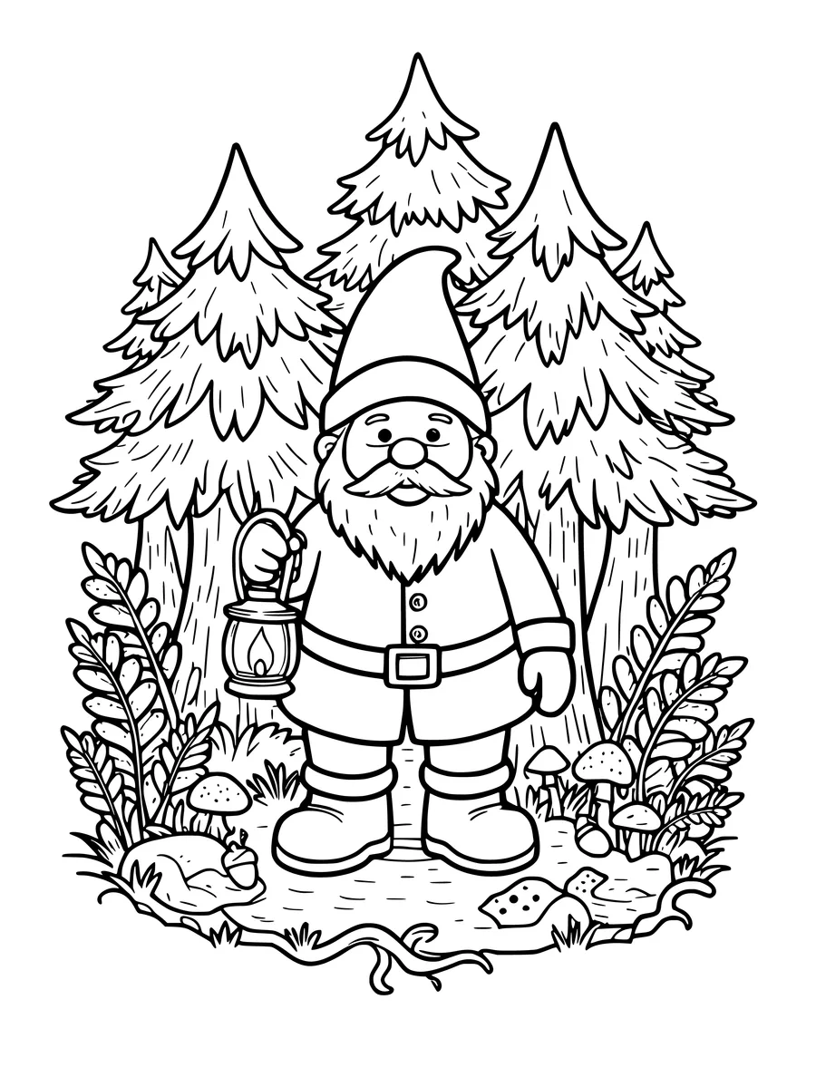 A gnome holds a glowing lantern while standing in a forest filled with tall pine trees and mushrooms, coloring page